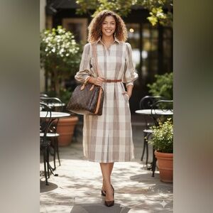 A new day plaid shirt women’s dress with tie and pockets size L brown color